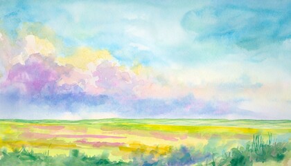 Fototapeta premium Calm meadow scenery watercolor style