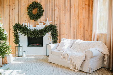 Cozy holiday living room with festive decor and natural wood accents