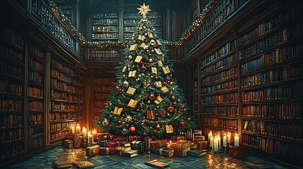 Obraz premium A large Christmas tree decorated with ornaments and presents sits in the center of a grand library filled with bookshelves and lit by candles.