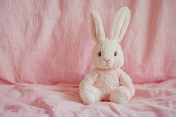 White Stuffed Rabbit on Pink Sheet