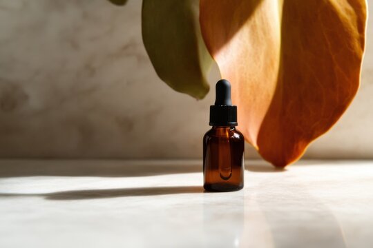 Minimalist bottle of dhea with autumn leaves in natural light