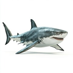 Fototapeta premium A realistic 3D model of a great white shark swimming, showcasing detailed textures and a fierce expression.