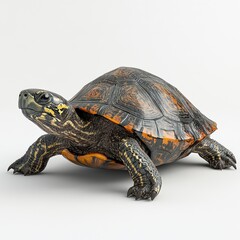 Obraz premium A detailed, colorful turtle with a patterned shell, positioned on a light background, showcasing its unique features and vibrant colors.