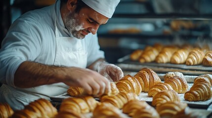 A baker carefully arranges freshly baked croissants in a cozy bakery kitchen.