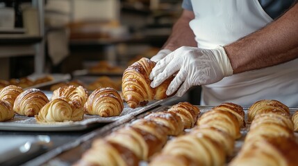 A baker carefully handling fresh croissants in a bustling bakery kitchen.