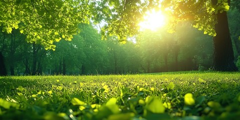 Obraz premium Breathtaking View of a Serene Natural Park in Springtime with Lush Green Grass Illuminated by the Soft Glow of the Morning Sunlight