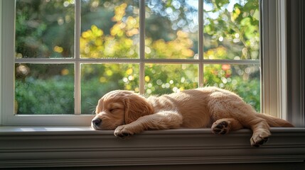 a cute golden retriever puppy sleeping on the windows bench
