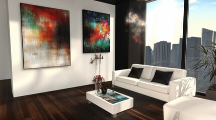 Sleek and Stylish: Modern Living Room with Window and Wall Art