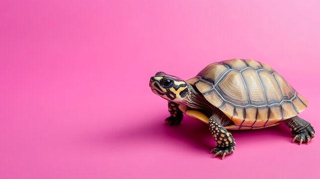 A small turtle with a patterned shell is walking on a pink background.