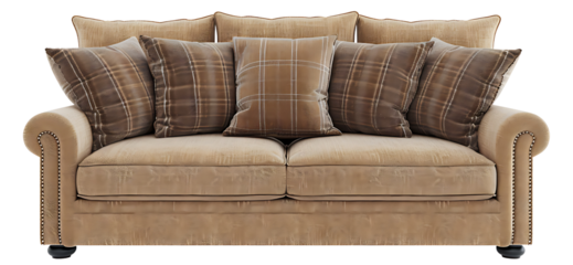 Cozy Beige Couch with Plush Throw Pillows and Soft Fabric Upholstery for Comfortable Living Room Décor and Stylish Interior Design Solutions isolated on transparent background