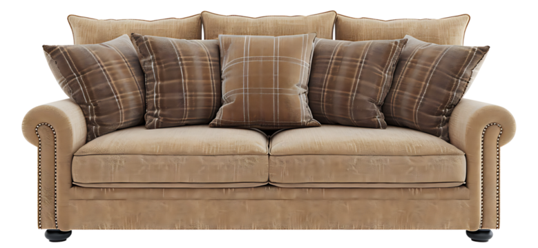 Cozy Beige Couch with Plush Throw Pillows and Soft Fabric Upholstery for Comfortable Living Room Décor and Stylish Interior Design Solutions isolated on transparent background