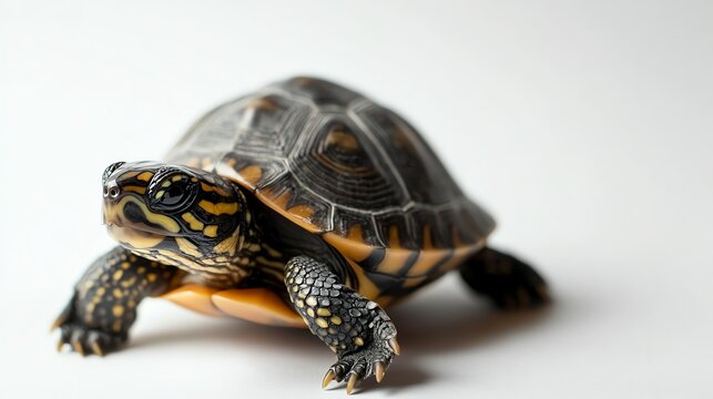 A small turtle with a patterned shell crawls across a white background.