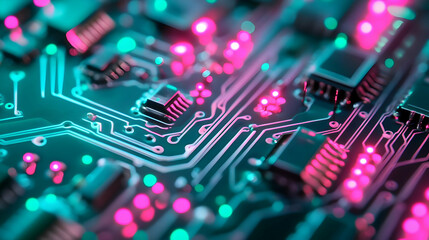 Obraz premium A close-up of a glowing green and pink circuit board showcasing vibrant microchip details and intricate digital pathways.