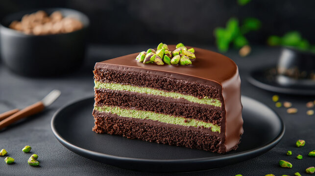 Close-up of a Dubai chocolate cake slice, with green kataifi and pistachio paste layers, creating an irresistible visual for a high-end bakery or food brand 