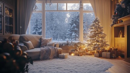 Cozy Living Room with a Christmas Tree and Gifts by a Snowy Window