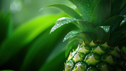 A green pineapple with a leafy stem