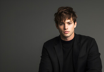 Obraz premium A handsome young man with brown hair, dressed in black , poses for the camera against a gray background.