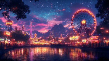 A vibrant amusement park at night with a Ferris wheel, a lake, and a starry sky.