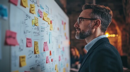 Professional man analyzing brainstorming ideas on a sticky note wall during a meeting.