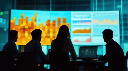 Team analyzing data visualizations on large screens in a dark room.