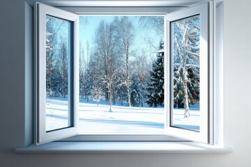 Serene winter view through a bright, open window showcasing snow-covered trees.