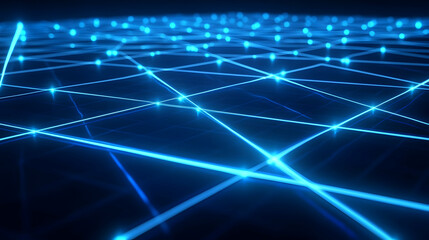 Fototapeta premium An interconnected digital network of glowing blue nodes and lines, creating a high-tech grid with depth and luminous highlights.