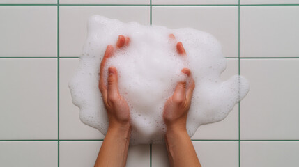 Hands scrubbing tiled floor with soap suds