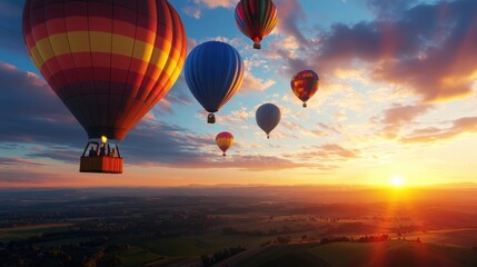 Fototapeta premium A group of hot air balloons are flying in the sky over a beautiful landscape