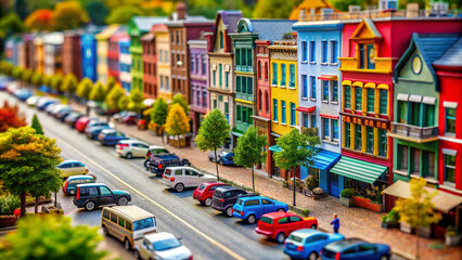 Obraz premium Miniature colorful street with cars and vibrant buildings background