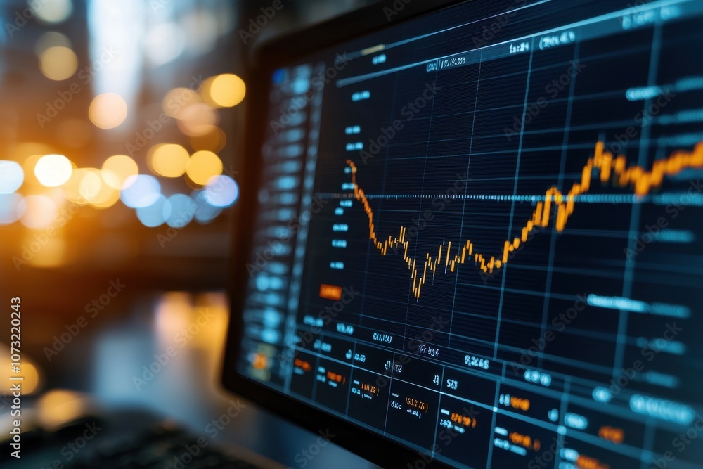 Poster a computer monitor displays a graph of stock prices