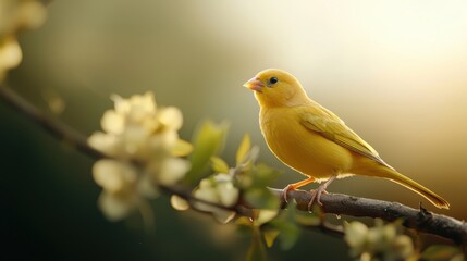 Obraz premium A yellow bird is perched on a branch of a tree