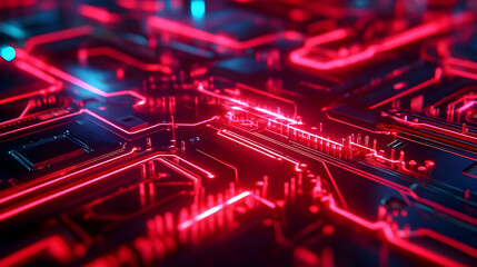 Obraz premium An abstract close-up of a red glowing circuit board with sharp illuminated lines and intricate geometric patterns.