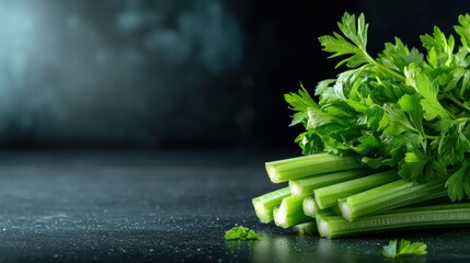 A bunch of green celery is on a counter