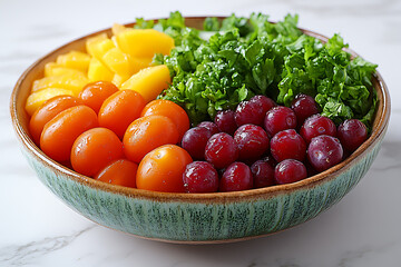 Fresh organic fruits, vegetables, and grains arranged on a rustic table, promoting a healthy eating and natural lifestyle with vibrant colors and clean ingredients.
