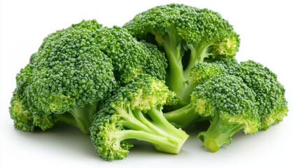 A bunch of broccoli is displayed on a white background