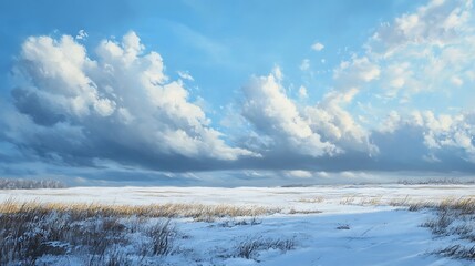 A Snowy Field Under a Blue Sky with Fluffy White Clouds