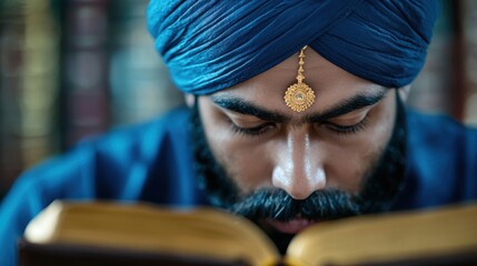 Fototapeta premium A man wearing a turban and a gold nose ring is reading a book