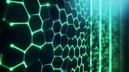 Obraz premium A glowing hexagonal grid in neon green hues, viewed from a side perspective, with a 3D effect over a dark background.