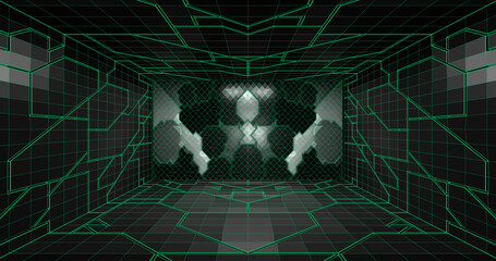 Futuristic low poly sci-fi laboratory or spaceship corridor with neon light. Future vector illustration © shacil