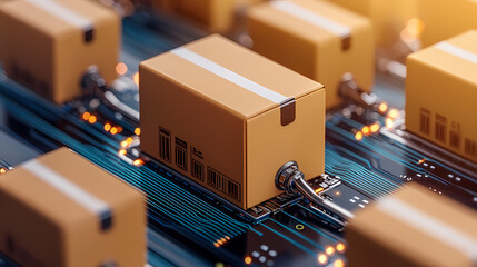 A high-tech warehouse with smooth inventory flow, displaying digital systems and optimizing stock movement