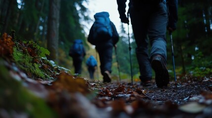 Three people are walking through a forest, each carrying a backpack