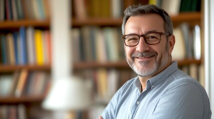Fototapeta premium Confident middle-aged professor smiling in a library setting