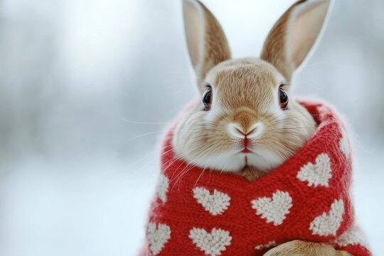 Adorable rabbit in cozy heart patterned blanket for valentine's day design