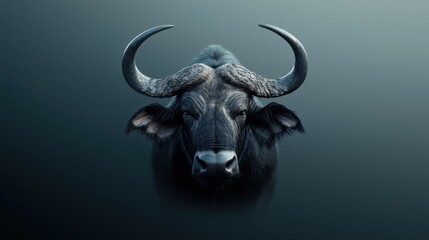 A close up of a black ox with horns