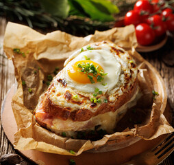 Croque Madame sandwich with the fried egg on the top, close up view. Traditional french hot sandwich