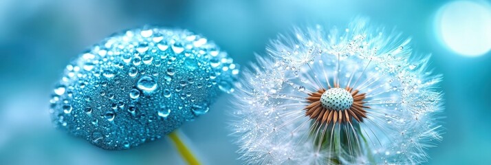 Beautiful Close-Up of Dandelion Seeds Adorned with Water Droplets Against a Soft Blue and Turquoise Background for Artistic and Nature Photography