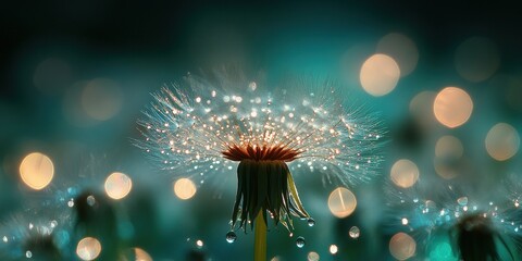 Fototapeta premium Close-Up of a Dandelion Seed Head Glimmering with Water Droplets Against a Beautiful Turquoise Background, Capturing Nature's Delicate Beauty and Intricacies