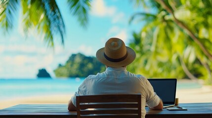 Embracing Remote Work: Digital Nomad Utilizing Wi-Fi for Flexible Work in Tropical Paradise