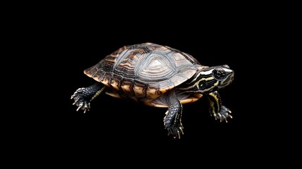 Obraz premium A small turtle with a patterned shell is walking on a black background.