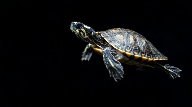 A small turtle with a patterned shell swims in black water.